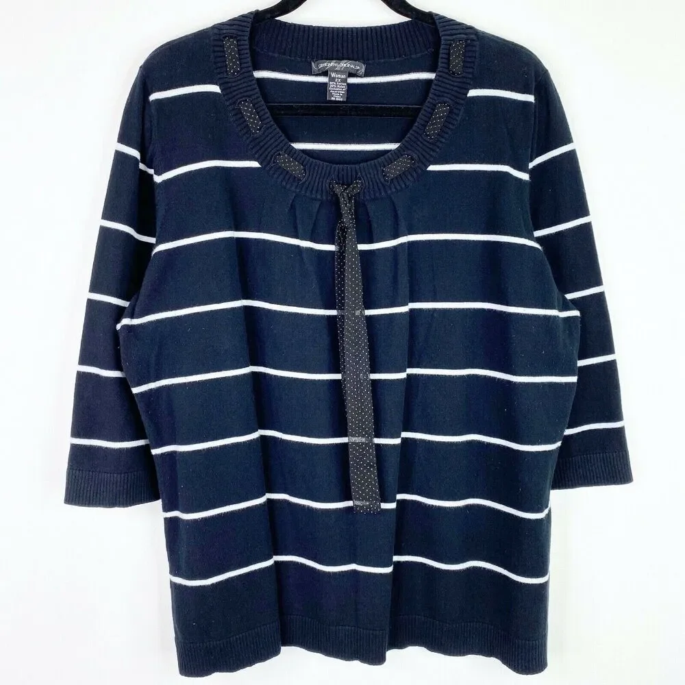 Designers Originals Striped Tie Neck Sweater Shirt Top Plus Size 2X Womens